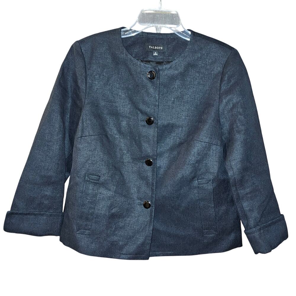 Talbots Solid Black Linen Collarless Button Front… - image 1